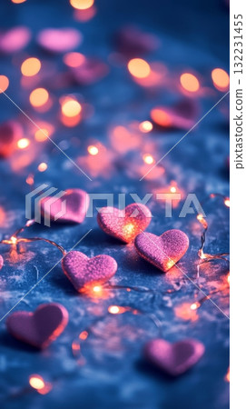 Soft Pink Hearts With Glowing Lights Create a Romantic Atmosphere on Blue Surface 132231455
