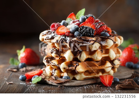 Waffles Stacked High With Chocolate, Berries, and Mint in a Cozy Kitchen Setting 132231556