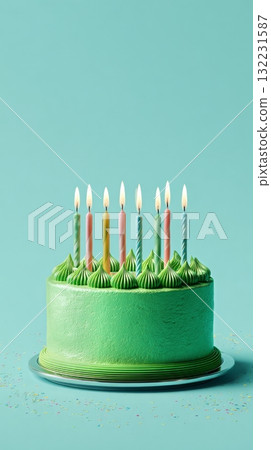 Bright Green Cake With Golden Candles on a Turquoise Background Set for a Celebration 132231587