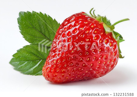 Fresh and Ripe Strawberry With Green Leaves on a Plain Background 132231588
