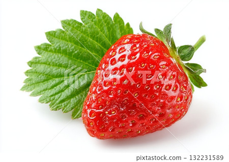Fresh and Ripe Strawberry With Green Leaves on a Plain Background 132231589
