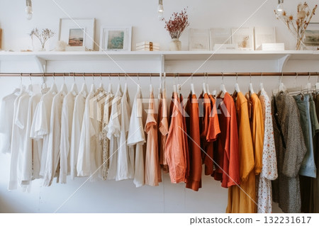 Colorful Clothing Rack Displaying a Variety of Shirts in a Bright, Stylish Boutique 132231617
