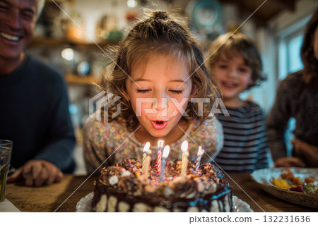 Child blowing out candles on birthday cake surrounded by smiling family Child blowing out candles on birthday cake surrounded by smiling family 132231636