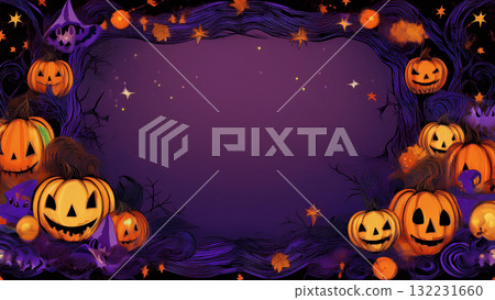 Halloween pumpkin frame: purple background and decorative border Halloween pumpkin frame: purple background and decorative border 132231660