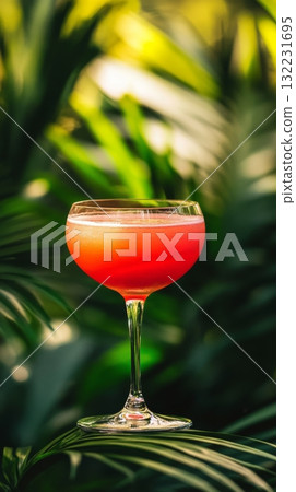 Refreshing Tropical Cocktail Garnished With Vibrant Colors in a Lush Garden Setting 132231695
