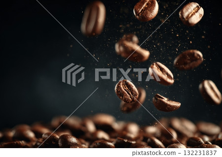 Coffee Beans Falling in the Air Creating a Dynamic, Lively Scene During the Roasting Process at a Local Cafe 132231837