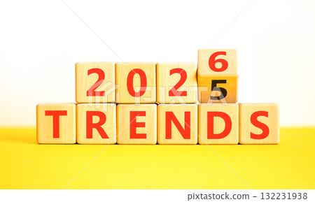 2026 Trends new year symbol. Concept words 2026 Trends on beautiful wooden blocks. Beautiful white and yellow paper background. Business 2026 Trends new year concept. Copy space. 132231938