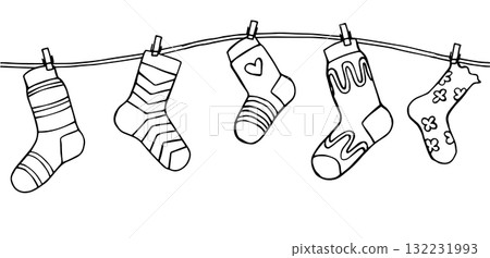 Coloring page. Seamless garland with knitted socks. Doodle illustration. 132231993