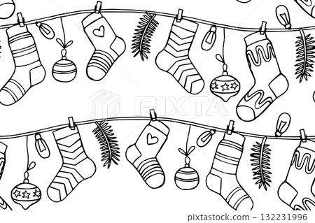 Coloring page. Seamless pattern with garlands of knitted socks. Doodle illustration. Coloring page. Seamless pattern with garlands of knitted socks. Doodle illustration. 132231996