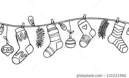 Coloring page. Seamless garland with knitted socks. Doodle illustration. 132231998