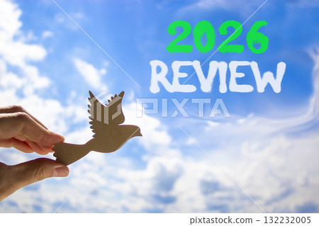 2026 Review symbol. Concept words 2026 Review on beautiful blue sky. Beautiful blue sky background. Businessman's hand holds wooden bird. Business and 2026 review concept. Copy space. 2026 Review symbol. Concept words 2026 Review on beautiful blue sky. Beautiful blue sky background. Businessman's hand holds wooden bird. Business and 2026 review concept. Copy space. 132232005