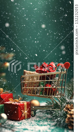 Festive Shopping Cart Filled With Gifts and Greenery in Snowy Landscape Festive Shopping Cart Filled With Gifts and Greenery in Snowy Landscape 132232053