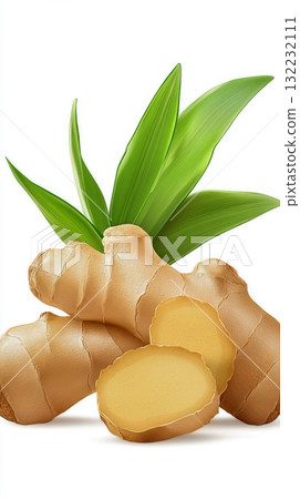 Fresh Ginger Root and Green Leaves on a White Background for Culinary Uses and Health Benefits 132232111