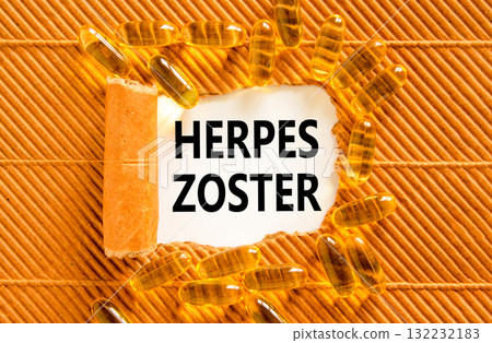Herpes zoster symbol. Concept words Herpes zoster on beautiful white paper. Yellow pills tablets. Beautiful brown background. Medical healthy lifestyle herpes zoster concept. Herpes zoster symbol. Concept words Herpes zoster on beautiful white paper. Yellow pills tablets. Beautiful brown background. Medical healthy lifestyle herpes zoster concept. 132232183