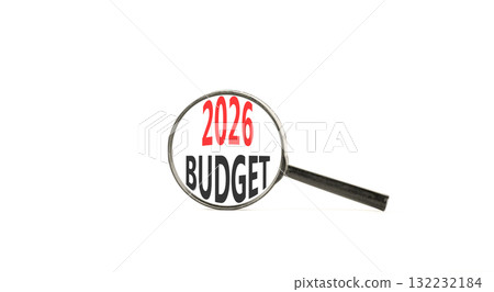 2026 Budget symbol. Concept words 2026 Budget on beautiful white paper. Black magnifying glass. Beautiful white paper background. Business and 2026 budget concept. Copy space. 132232184