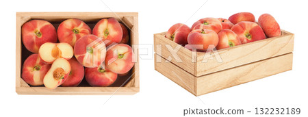 chinese flat donut peaches in wooden box isolated on white background. Top view. Flat lay chinese flat donut peaches in wooden box isolated on white background. Top view. Flat lay 132232189