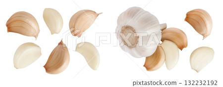 garlic cloves isolated on white background close up. Top view. Flat lay. garlic cloves isolated on white background close up. Top view. Flat lay. 132232192