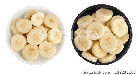 peeled banana pieces in ceramic bowl isolated on white background. Top view. Flat lay. 132232196