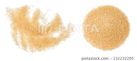 pile of brown granulated sugar isolated on white background. Top view, flat lay pile of brown granulated sugar isolated on white background. Top view, flat lay 132232205