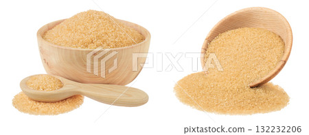 The brown sugar in wooden bowl and spoon isolated on white background The brown sugar in wooden bowl and spoon isolated on white background 132232206
