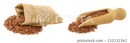 flaxseed in a bag and wooden scoop isolated on white background. Top view. Flat lay flaxseed in a bag and wooden scoop isolated on white background. Top view. Flat lay 132232342