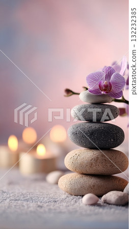 Calm and Serene Arranged Stones With Candles and Orchid on a Soft Pink Background Calm and Serene Arranged Stones With Candles and Orchid on a Soft Pink Background 132232385