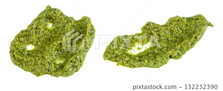 Pesto sauce isolated on white background. Top view. Flat lay Pesto sauce isolated on white background. Top view. Flat lay 132232390