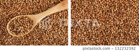 Raw buckwheat in wooden spoon as a background. Top view. Flat lay 132232392