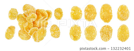 Cornflakes isolated on white background. Top view. Flat lay. 132232401