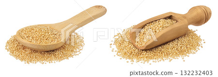 Amaranth grain seeds in wooden spoon and scoop isolated on white background Amaranth grain seeds in wooden spoon and scoop isolated on white background 132232403