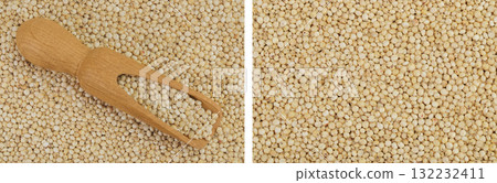 background of sorghum seeds with wooden scoop. Top view. Flat lay. background of sorghum seeds with wooden scoop. Top view. Flat lay. 132232411