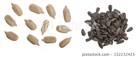 Peeled Sunflower seeds isolated on white background. Top view 132232423