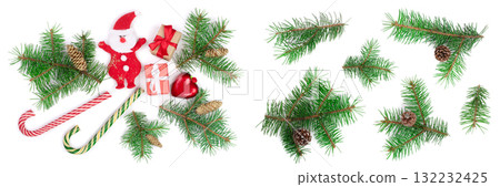 Christmas background with fir branches and Santa Claus isolated on white background. Top view. Flat lay 132232425