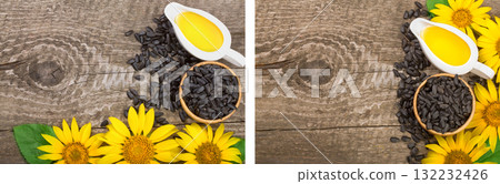 Sunflower oil, seeds and flower on wooden background with copy space for your text. Top view Sunflower oil, seeds and flower on wooden background with copy space for your text. Top view 132232426