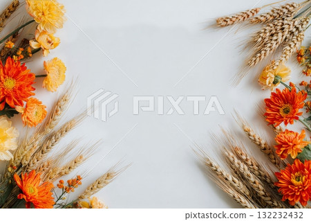 Bright Yellow and Orange Flowers With Wheat on Neutral Background for Seasonal Decor Bright Yellow and Orange Flowers With Wheat on Neutral Background for Seasonal Decor 132232432