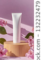 Skincare Product Displayed on a Wooden Pedestal Surrounded by Pink Flowers in Natural Light 132232479