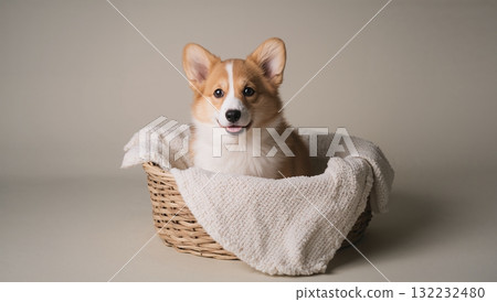 A cute little dog is sitting in a basket with a blanket 132232480