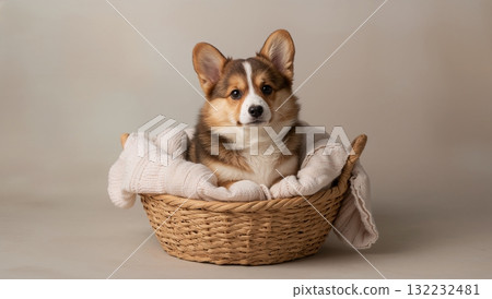 A cute dog is sitting in a basket with a blanket 132232481