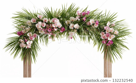 A white background with a large arch of flowers 132232540