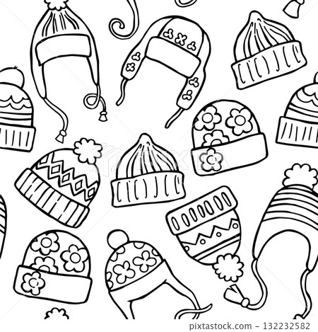 Coloring page. Seamless pattern of knitted hats. Doodle illustration. 132232582