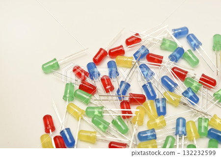 A scattering of LEDs. Multi-colored LEDs in bags. Electronic elements. A scattering of LEDs. Multi-colored LEDs in bags. Electronic elements. 132232599