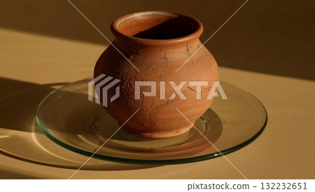 A brown vase sits on a glass plate A brown vase sits on a glass plate 132232651
