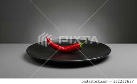 A red pepper sits on a black plate A red pepper sits on a black plate 132232657