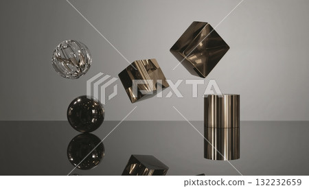 A collection of shiny, metallic objects, including a cube, a sphere 132232659