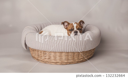 A dog is sleeping in a basket 132232664