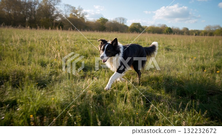 A black and white dog is running through a field of grass 132232672