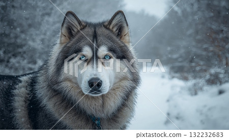 A dog with a blue eye stands in the snow 132232683