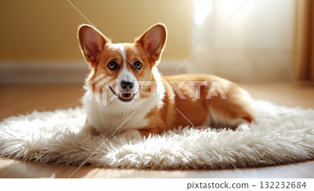 A small dog is laying on a white rug 132232684