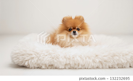 A small dog with a fluffy coat is laying on a white blanket 132232695