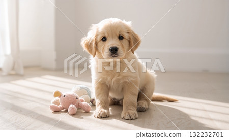 A small golden retriever puppy is sitting on the floor next to a stuffed animal 132232701